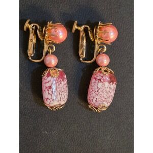 Vintage Coro Pink Confetti Lucite Faux Pearl Drop Clip-On Earrings Gold Tone